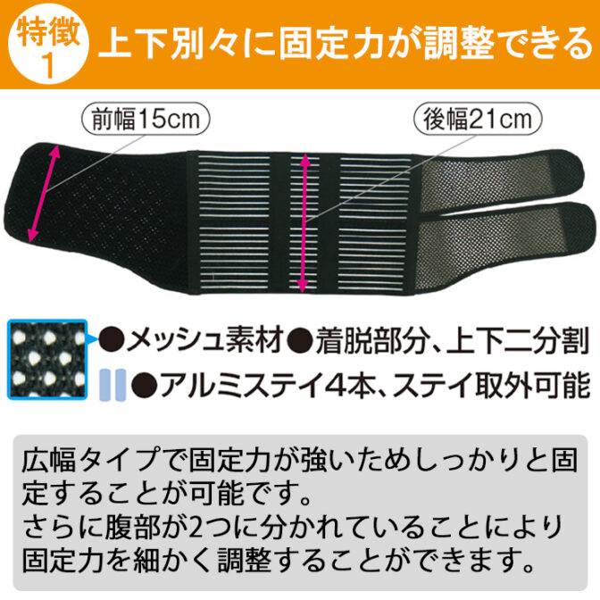 上下で別々に固定力を調整できる腰痛ベルト フォーク・メッシュ ブラック