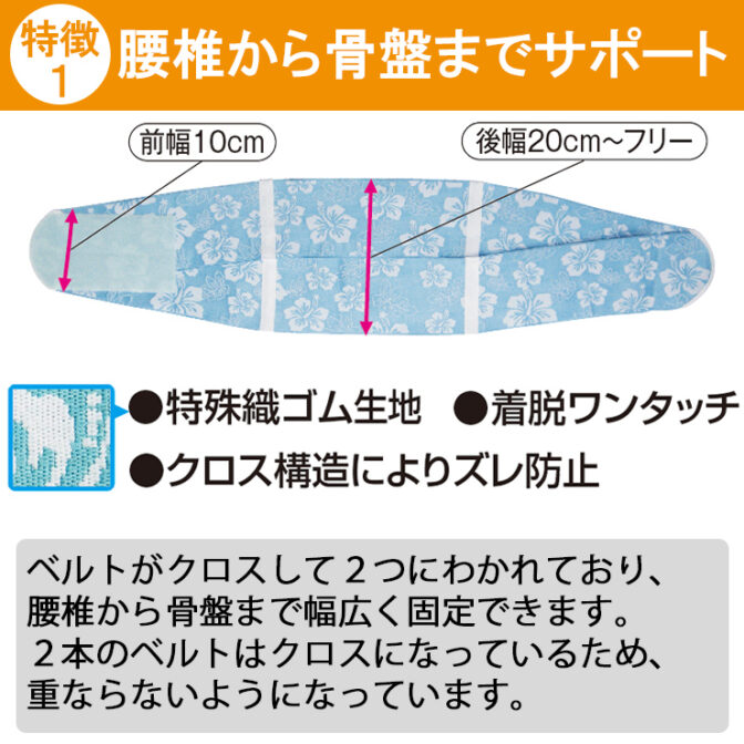 腰椎から骨盤まで幅広く固定できる腰痛ベルト クロスベルト ハイビスカス ブルー