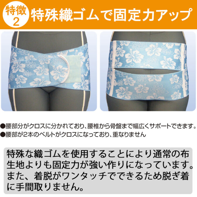 腰椎から骨盤まで幅広く固定できる腰痛ベルト クロスベルト ハイビスカス ブルー