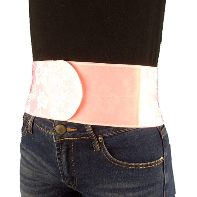 幅が細くて動きやすくスポーツや仕事中に便利な腰痛ベルト 丸サポートバンド・ハイビスカス ピンク