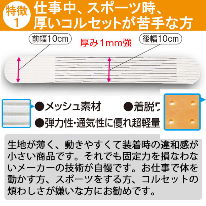 幅が細くて動きやすくスポーツや仕事中に便利な腰痛ベルト 丸サポートバンド・メッシュ