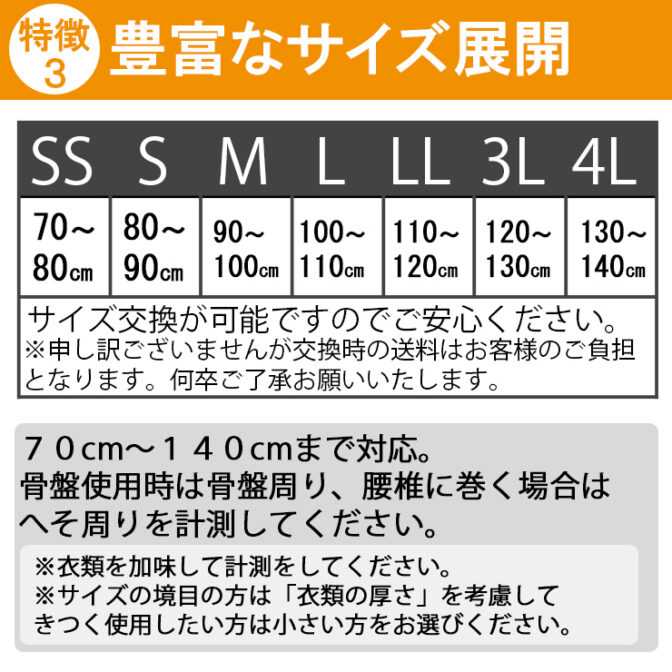 株式会社アシストの骨盤ベルトのサイズ表